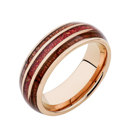Red Opal Ring Mes Ring - Rose Gold Tungsten Koa Wood Band - Unique Mens Engagement ring - LUXURY BANDS LA