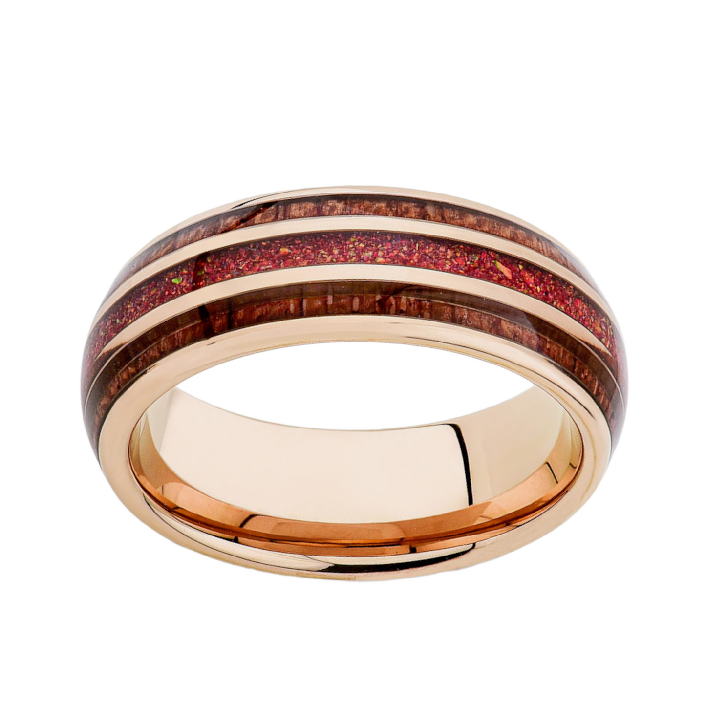 Red Opal Ring Mes Ring - Rose Gold Tungsten Koa Wood Band - Unique Mens Engagement ring - LUXURY BANDS LA