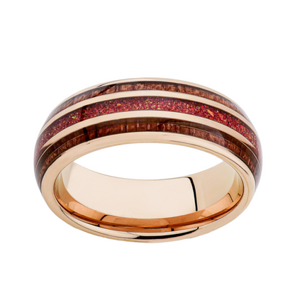 Red Opal Ring Mes Ring - Rose Gold Tungsten Koa Wood Band - Unique Mens Engagement ring - LUXURY BANDS LA