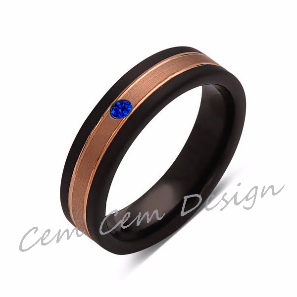 6mm,Unique,Blue Sapphire,Brushed Rose Gold, Black Brushed,Tungsten Ring,Mens Wedding Band,Comfort Fit - LUXURY BANDS LA